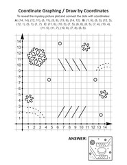 Coordinate graphing, or draw by coordinates, math worksheet with hockey stick and puck: To reveal the mystery picture plot and connect the dots with given coordinates. Answer included.
