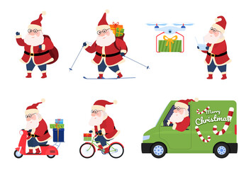 Santa Claus delivery gifts set vector illustration elderly character shipping Christmas presents