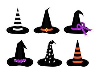 Set of witch hats. Flat vector halloween design elements.