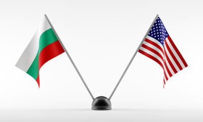 Stand with two national flags. Flags of Bulgaria and USA. Isolated on a white background. 3d rendering