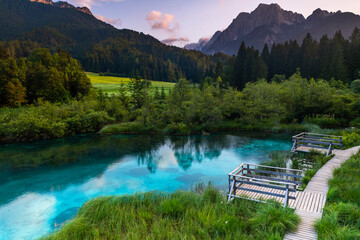 Sunset in Zelenci Springs Slovenia.  Nature Reserve Landscape in Julian Alps