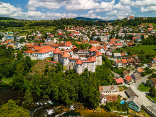 Fototapeta na wymiar Zuzemberk Castle and Town in Summer, Slovenia. Aerial Drone View