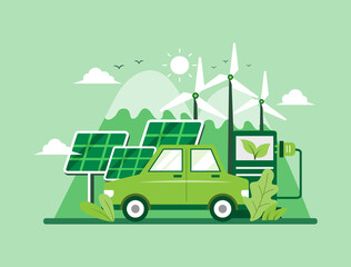 Obraz premium car vehicle charging technology green background. save energy and environment concept. vector illustration in flat style modern design.