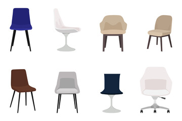 Colorful beautiful modern chair set with different pose isolated