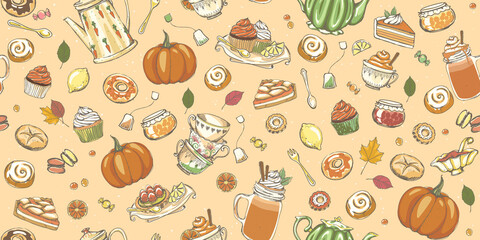 Autumn theme seamless pattern for packaging, restaurant menu and coffee shop, tea ceremony, wallpaper. Collection of seasonal elements: pumpkin, leaves, sweets, baked goods, teapot, tea cups, bakery