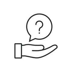 Question mark in speech bubble on hand. Ask, information, about icon line style isolated on white background. Vector illustration