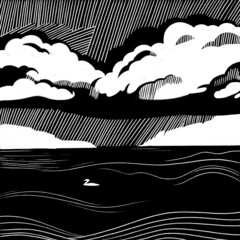 Print for printing. Freehand drawing. Black and white illustration for textiles, went to the phone. Dark river and big thunderclouds, a bird is floating on the river. Linocut, picture, poster