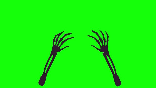 Halloween or Day of thr death animation. Hand skeleton showing heart symbol. isolated on a chroma key, green screen. 4k video animation