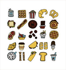 Doodle food set of fast-food products. Hand-drawn sweets, desserts, snacks, popcorn, American food and English breakfast. A big set of cartoon food illustrations.