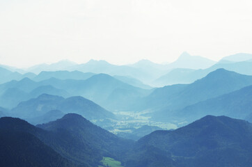 GERMANY, MUNCHEN: Scenic landscape aerial view of Bavarian Alp mountains with lake in the valley  