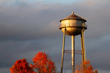 Rustic Water Tower at Sunset in Fall Trees