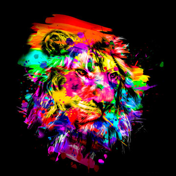 Colorful artistic lion muzzle with bright paint splatters