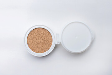 Refillable Foundation Powder, Makeup Cosmetics, Brown Cream and Case on White background.