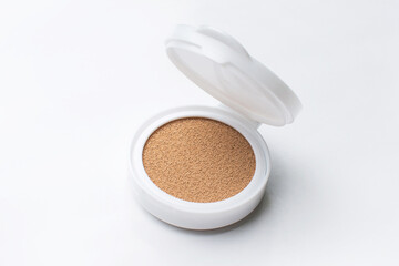 Refillable Foundation Powder, Makeup Cosmetics, Brown Cream and Case on White background.