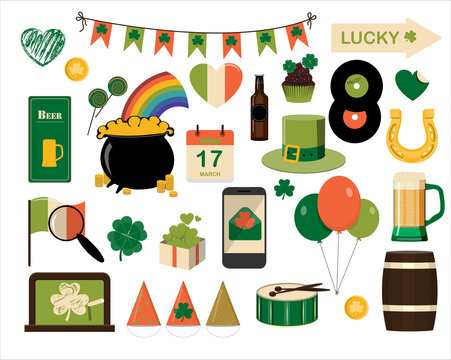 A large set of flat icons for Saint Patrick s Day A set of illustrations for a party, invitation, postcard or banner. Vector clipart with images of beer, rainbow, gnome, beard, coins, and clover.
