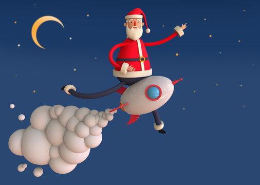 Santa Claus is flying on a rocket. New Year Startup Concept. Christmas cartoon card Trendy 3d illustration
