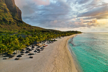 View from the height of the island of Mauritius in the Indian Ocean and the beach of Le Morne-Brabant