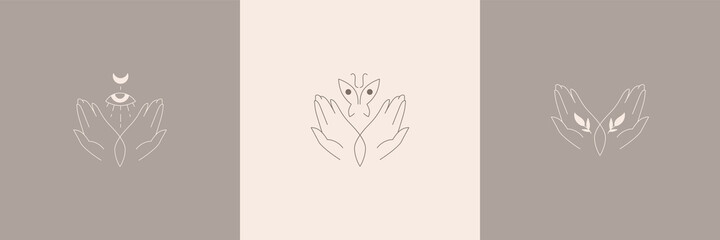 Fototapeta na wymiar Delicate and natural hand logos. Vector illustration for female business. Handmade or hand care. Logo for a beauty salon or massage. Organic cosmetics, health and beauty. Fortune telling by hand