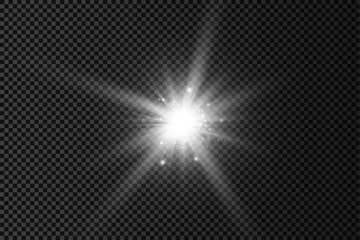 White glowing light star, burst sun rays.