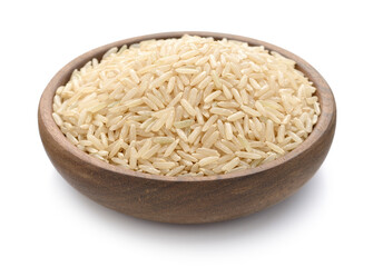 uncooked brown rice in the wooden bowl, isolated on the white background
