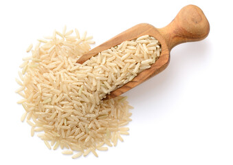uncooked brown rice in the wooden bowl, isolated on the white background, top view