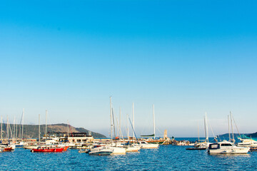 Fototapeta premium Kotor, Montenegro, August 30, 2018. Parking white yachts in the bay of Kotor