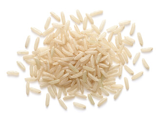 uncooked brown rice isolated on the white background, top view
