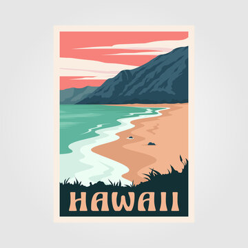 hawaii beach vintage poster art illustration design, adventure ocean poster