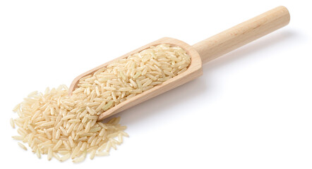raw long brown rice in the wooden scoop, isolated on the white background