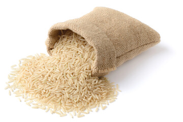 uncooked long brown rice in the sack, isolated on the white background