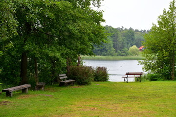 View of a shallow river or lake covered from all sides with lush and dense trees located next to a well maintained lawn, pastureland or meadow with some wooden benches scattered around seen after rain