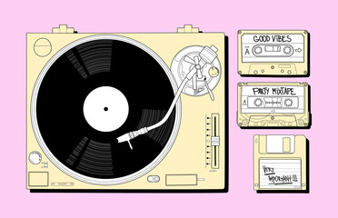 Vynil Player with Floppy and Cassette . Vector illustration