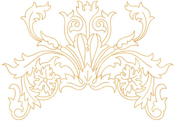 Baroque floral line art element, gold outline damask motif