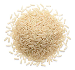 uncooked long brown rice, isolated on the white background, top view