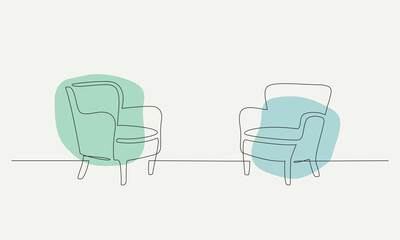 One continuous line drawing of  two armchairs. Interior concept Vector illustration - obrazy, fototapety, plakaty