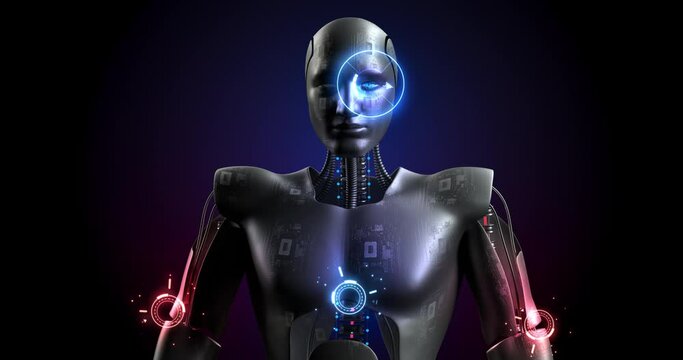 Advanced Powerful Bionic Robot Standing. AI Humanoid. Hud Fx. Robotics And Technology 3D Concept.