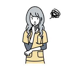 立って手をあごにあてて困っている看護師の女性