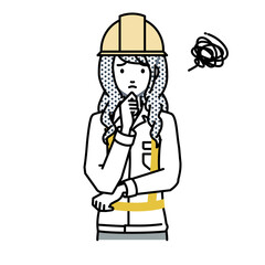 立って手をあごにあてて困っている工事現場の女性