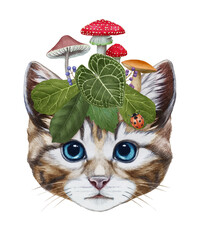 Portrait of Kitten with a  forest crown. Hand-drawn illustration, digitally colored.