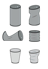 空き缶・プラスチックコップがゴミとして変形することを表現したイラストのセット（エコ・SDGs関連に）