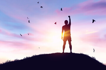 Man rising hands and birds flying on sunset sky at top of mountain field abstract background. Freedom feel good and travel adventure concept.
