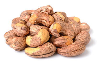 roasted cashew nuts with peel isolated on the white background