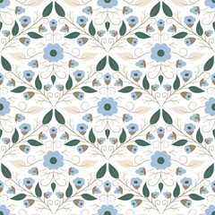 Damask floral seamless pattern. Vector calm background illustration with blue flowers on white.