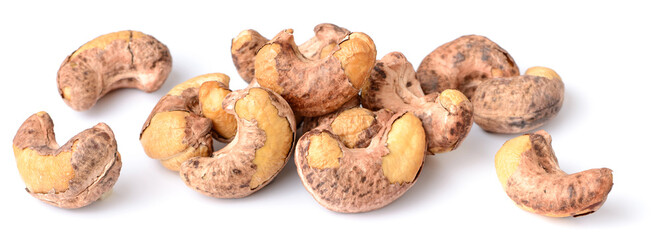 roasted cashew nuts with peel isolated on the white background
