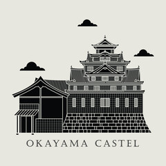 Silhouette icon vector illustration of a historic building castle in the Japan, Simple outline icon design cartoon landmark for praying vacation travel tourist attractions. Line art of Okayama Castle