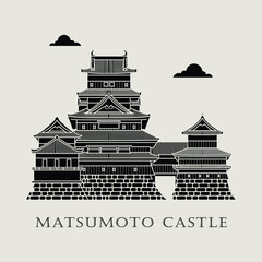 Silhouette icon vector illustration of a historic building castle in the Japan, Simple outline icon design cartoon landmark for praying vacation travel tourist attractions.Line art of Matsumoto Castle