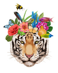 Portrait of Tiger with a floral crown.  Flora and fauna. Hand-drawn illustration, digitally colored.