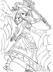 Anime manga cute warrior girl in armor and with a big weapon she is a savior angel with a crown, the work is done in lines, 2d illustration