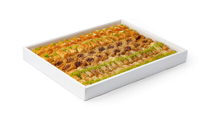 Assortment of Turkish baklava dessert in a white box isolated on white