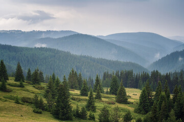 Amazing panoramic view with morning mists and low clouds over the tree-covered mountain slopes, Rhodope mountains in Bulgaria